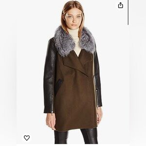 Rebecca Minkoff wool, leather and detachable fur collar coat olive/black xs